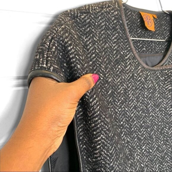 TORY BURCH BLACK WHITE WOOL LEATHER SLEEVELESS LIGHT BELTED  BELT JACKET - Picture 6 of 15